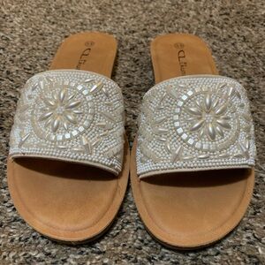 CL by Laundry White Beaded Pearl Sandals